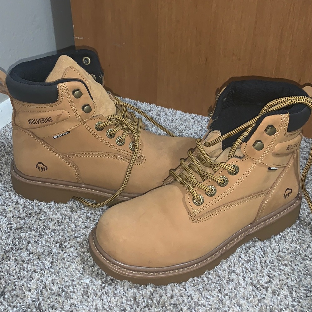 Timbs in tan, wolverine boots, real leather